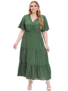 Plus size jurken plus size polka dot print surplice nek korte slve t ruches boheemian jurken voor vrouwen y240510