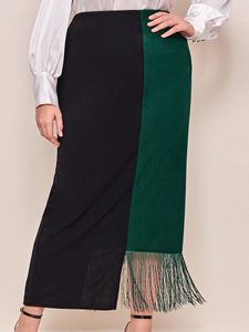 Plus size jurken plus size rokken elegant Wemen High Taille Long Midi Lengte Patchwork Black Green Tassel Rok Office Lady Work Evening Feest 221006