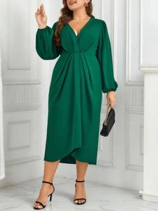 Plus size jurken plus size solid v nek dames jurken puff long slven runched robe raad herfst spimg jurk elastische taille vrouwelijke kleding y240510