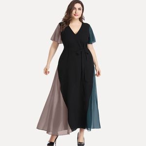 Plus size jurken plus size v-neck zomer elegante chiffon party jurk dames korte mouw maxi casual jurk sjerp taille flare avondjurk 6xl 230520