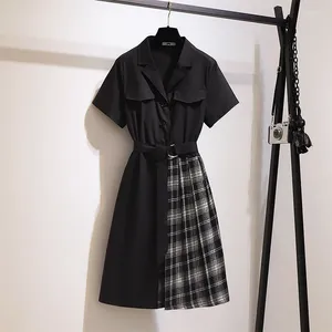 Vestidos de talla grande para mujeres de verano Cardigan Cardigan Diseño Sense Patchwork cintura de algodón de algodón Negro