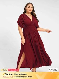 Robes de taille plus de taille plus 2024 fête été pour les femmes en V-colle batwing slve poche ruined taille maxi robe élégante club soirée y240510