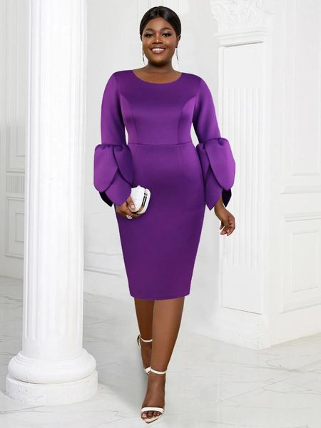 Robes de taille plus violet midi pour les femmes o cou long manches à volants élégantes formelles de mariage d'anniversaire de mariage robes de soirée