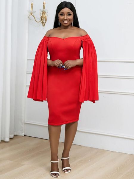 Robes de grande taille rouge épaule dénudée robe de soirée 3XL 4XL cape manches plissées taille haute moulante soirée événement robes mi-longues pour les femmes