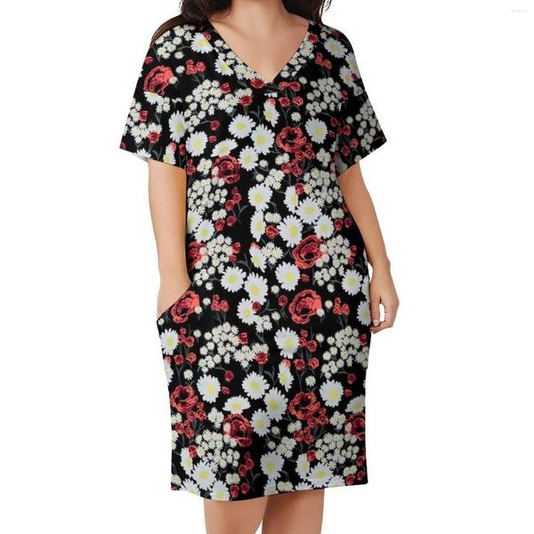 Vestidos de talla grande Vestido de flores rojas y blancas Estampado de margaritas rosas Estética Casual Mujer Verano Cuello en V Idea de regalo moderna