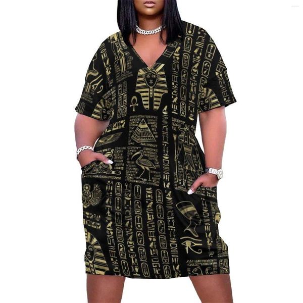 Robes grande taille rétro lettre impression robe col en V hiéroglyphes égyptiens Style de rue été moderne décontracté dames Vestido