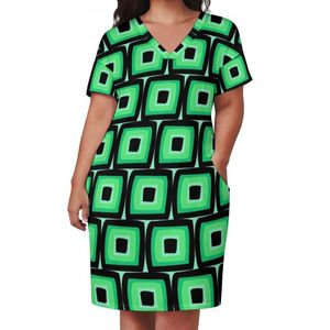 Plus size jurken retro mod print casual jurk zomer groene vierkanten kawaii vrouwelijke v nek bedrukte straatkleding 5xlplus