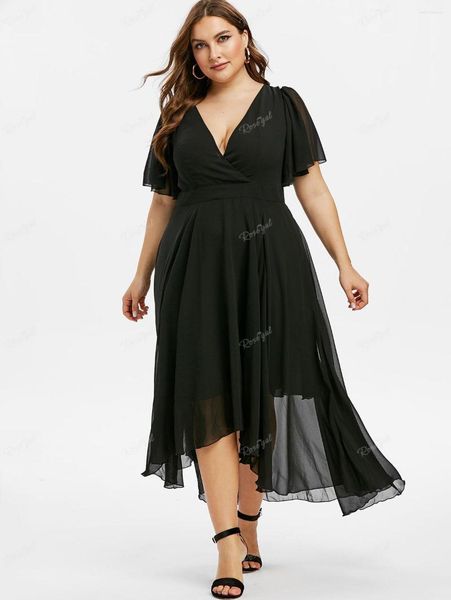 Robes grande taille ROSEGAL plongeant manches flottantes en mousseline de soie Maxi robe noir élégant cheville longueur fête été Streetwear Vestidos