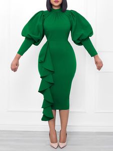 Plus Size Jurken Ruches Bodycon Pakket Hippe Damesjurk Elegant Lantaarnmouwen Strak Herfstgewaad Dames Kantoor Knielengte Potlood Vestiods 230201