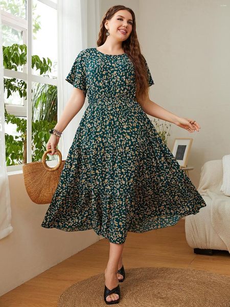 Vestidos de talla grande cuello redondo estampado Floral cintura elástica mangas cortas Boho verano vestido largo una línea Swing Maxi vestido ropa