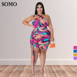 Plus size jurken sexy plus size dames jurken enkele schouder uit holle mini jurk drawstring geplooide mode bedrukte groothandel druppel 230520