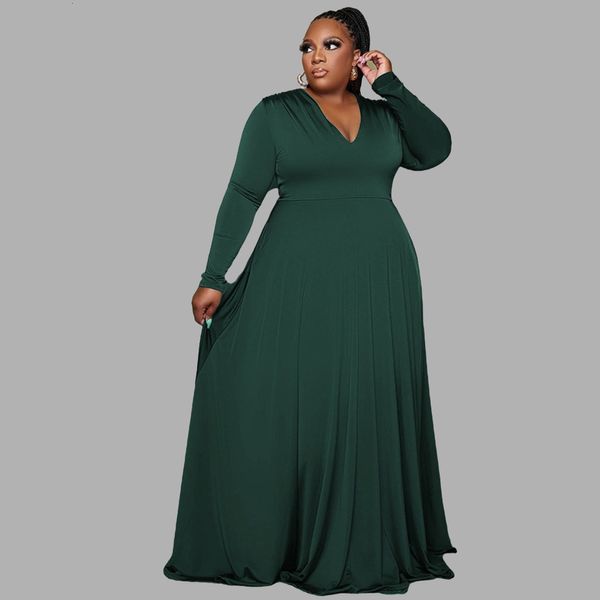 Plus la taille Robes Sexy Couleur Unie Col En V À Manches Longues Élégant Lâche Maxi Soirée De Mode Taille Haute Taille Femmes Vêtements En Gros 230130