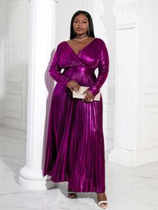 Robes grande taille Robe de soirée brillante violet élégant à manches longues soirée or plissé taille haute manches Fit Flare Robe de bal 2023
