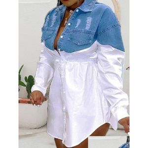 Plus size jurken kort shirt dres sexy streetwear lange mouwwerk jeans jurk denim groothandel bk drop 230519 levering kleding dames dh7fx