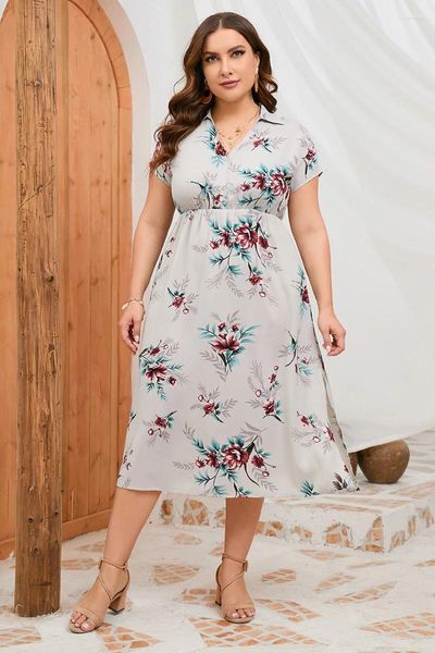 Robes de grande taille fente latérale longue femmes noir blanc Floral élégant Sexy à manches courtes robe d'été