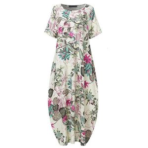 Vestidos de talla grande Tamaño Boho Vestido 5xl Estampado floral Manga corta Baggy Kaftan Verano Suelto Casual Algodón Lino Vestido de verano Vestidos 230518