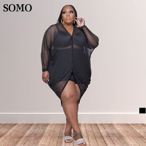 Robes de grande taille taille vêtements robe pour grosses femmes noir voir à travers manches longues Sexy irrégulière Midi vente en gros goutte 230325