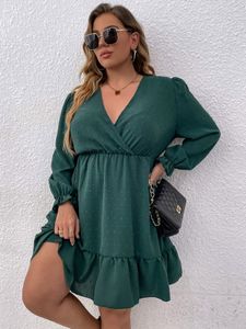Plus size jurken maat ruches midi jurk 4xl lange mouw v nek groen elegant casual feest zomer herfst vintage kleding 230130