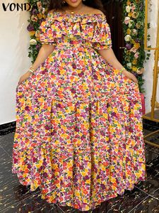 Plus size jurken maat Vonda Boemian Floral Printed Maxi Long Dress 2023 Zomer Women Party Robe Casual losse ruche Beach Korte mouw 230510