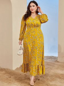 Plus Size Jurken Maat Dames Elegant Feestavond Maxi 2023 Lente Herfst Geel Lange mouwen Casual Bloemenprint Formele Kleding 230919