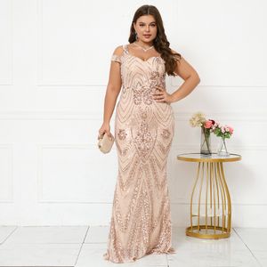 Plus size jurken maat vrouwen elegante riemfeest maxi gold pailletten avond lang prom 230504