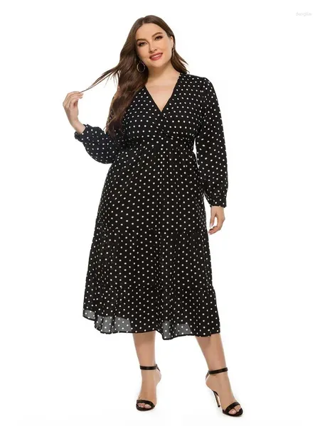 Vestidos de talla grande, vestido de lunares de manga larga y cuello en V holgado y elegante para mujer, ropa de mujer