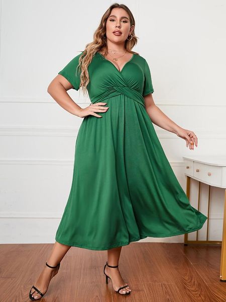 Robes Grandes Tailles Solide Manches Courtes Col V Maxi Dress Femmes Moyen Stretch Femmes Élégantes