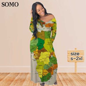 Plus size jurken Somo herfst kleding mode vrouwen maxi lange casual kaart printen v nek sexy jurk pullover groothandel dropshipping 230307