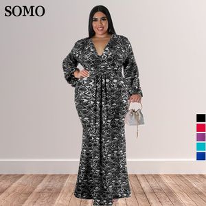 Plus la taille Robes SOMO Élégant Sirène Robe De Soirée Sexy Col En V Femmes Plus La Taille Vêtements De Mode Imprimé Maxi Robes Longues En Gros Drop 230207