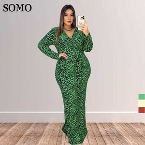 Robes grande taille Somo manches longues imprimé léopard fête femmes Sexy col en v vêtements mince longue robe en gros livraison directe 230307