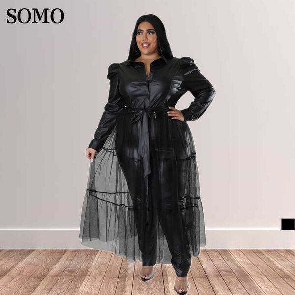 Robes grande taille Somo nouvelles femmes vêtements en cuir Patchwork maille noir à manches longues Chic Maxi robe en gros livraison directe 230307