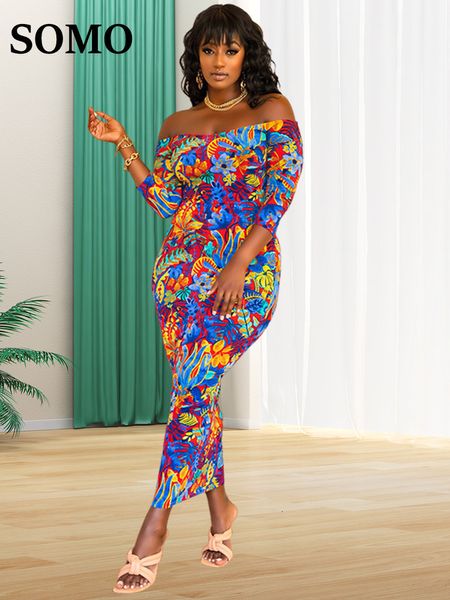 Plus la taille Robes SOMO Taille Dans Dres Vêtements Fleur Imprimé Hors Épaule Bureau Dame Maxi Robe D'été En Gros Baisse 230504