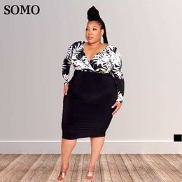 Robes de grande taille Somo printemps vêtements Sexy col en v femmes hanche Wrap mode imprimé robe Midi en gros livraison directe 230307