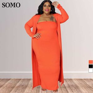 Plus Size Robes Somo Hiver Ensembles Femmes Solide Couleur Sexy À Manches Longues Manteau et Tube Top Robe Deux Pièces En Gros Dropshipping 230307