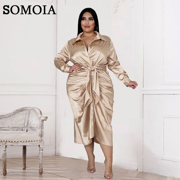 Robes de taille plus somoia en soie réfléchie plissée à cravate plissée haute couleurs solides robe décontractée plus taille vestimentes pour femmes en gros drop 230209