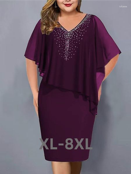 Vestidos de talla grande de gasa para verano, vestido con diamantes para mujer, liso, con cuello en V, manga corta, lápiz elegante para ir al trabajo, 3xl, 4xl, 5xl, 6xl