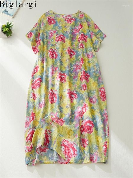 Vestidos de tallas grandes Verano Algodón Lino Vintage Vestido floral Casual Suelto Pullover Señoras Mujer Estampado Mujer Midi A-line