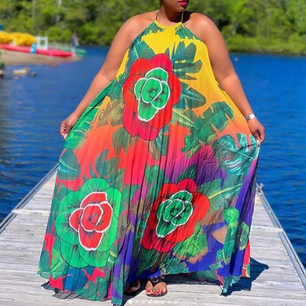 Robes grande taille Robe d'été vacances Hawaii licou longue Maxi imprimé fleuri Boho 2022 plissé africain décontracté Robe ample VestiodPlus