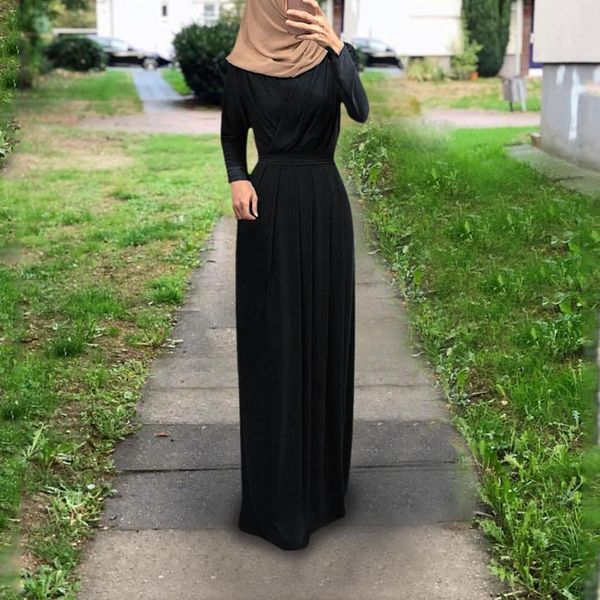 Vestidos de talla grande, vestido de verano para mujer, Kaftan Abaya Maxi, manga larga, lazo automusulmán, Vestidos de colores sólidos fluidos # G4