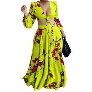 Plus-size jurken Zomermode Afrikaanse dames Lange mouw V-hals Polyester Afdrukken Geel Oranje Groen Tweedelige sets Top en lange rokken 230901