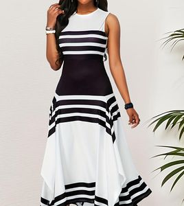 Plus size jurken zomer mode streep print jurk dames ronde nek mouwloze onregelmatige lange langdurige losse losse pasvorm