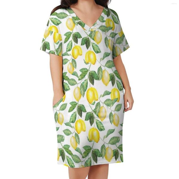Robes de taille plus été Fruit Robe décontractée Femme moderne Lemon feuille imprimé mignon v cou est esthétique TRENDIE 3XL 4XL