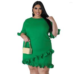 Vestidos tamanho grande verão solto para mulheres 2023 moda fino gola redonda mini vestido sólido com babados casual feminino