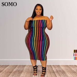 Plus size jurken zomer uit schouder strapless mouwloze gedrukte regenboogstreep 4xl vrouwen kleden sexy groothandel dropshipping 230307