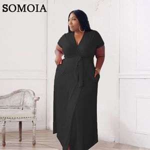 Plus size jurken zomer plus size dames kleding zomer temperament maxi met riem korte mouw hoge rekbare jurken losse prom jurk groothandel 230209