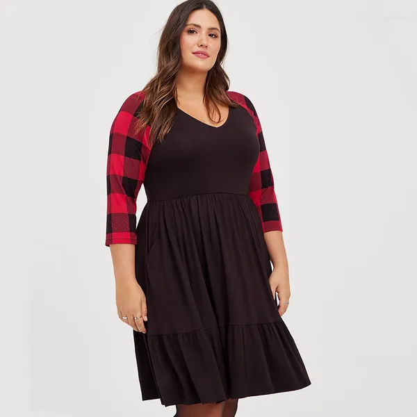 Grande taille robes été printemps élégant robe patineuse femmes noir et rouge Plaid poche avant travail bureau femme grand 5XL 6XL