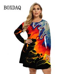 Robes grande taille Tie Dye abstrait 3D imprimer robes pour femmes grande taille vêtements automne à manches longues robe ample surdimensionné dames Mini robe 230209