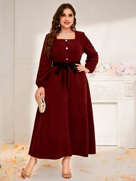 Robes de grande taille TOLEEN Robe Maxi africaine 2022 Chic et élégant grande tenue d'automne femmes dame solide rouge vêtements amples avec ceinture à nouer