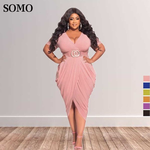 Robes grande taille à la mode femmes Sexy col en v profond robe maigre vêtements longueur midi élégant plissé solide en gros livraison directe 230307