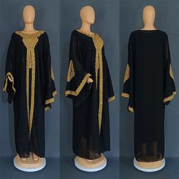Robes grande taille Ensemble deux pièces de vêtements pour femmes africaines en 2023 vêtements traditionnels brodés d'or caftan islamique Abaya robe musulmane pour femmes 231207